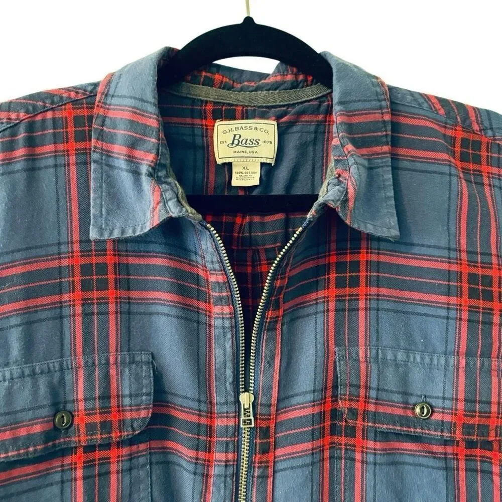 G. H. Bass & co. XL cotton plaid flannel quarter zip blue & red collar shirt